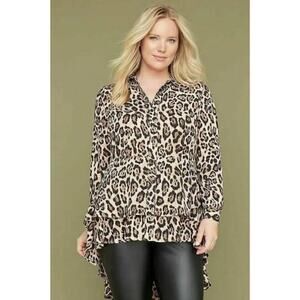 Lane Bryant Leopard Hi Low Tunic Button Down Blouse - EUC 16W